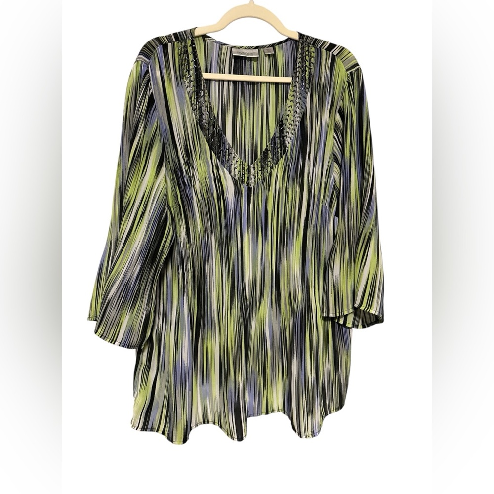 Avenue‎ Green and Black Beaded Neckline Tunic with 3/4 Sleeves size 18/20 EUC